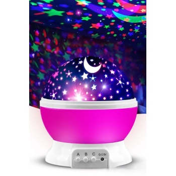 ® Yeni Ürün Ay ve Yıldızlı Gökyüzü Yansıtmalı Dönen Projeksiyon Gece Lambası- Çocuk Bebek Odası Pembe